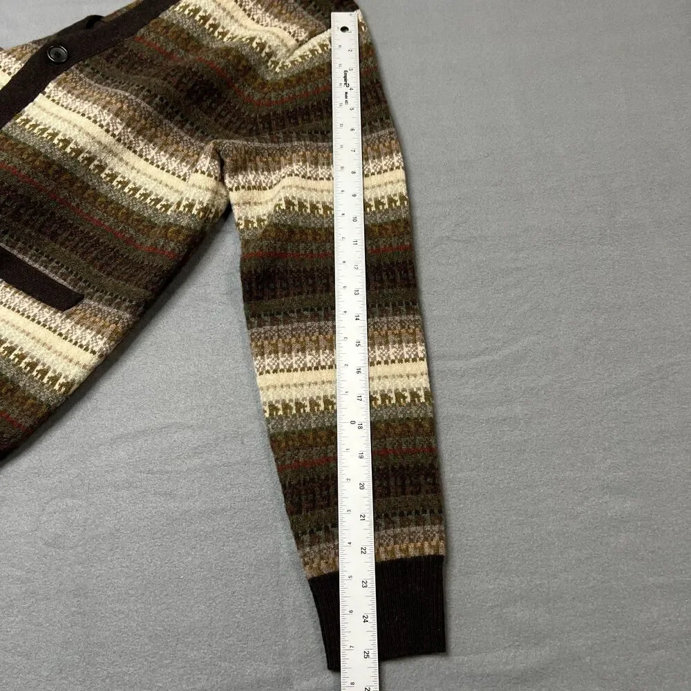 J.Crew Cardigan Sweater Men Medium Brown Ivory Fair Isle Wool Blend Button Front
